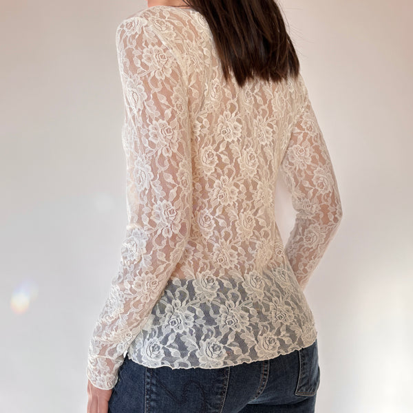 90s Cream Lace Longsleeve Top (M)