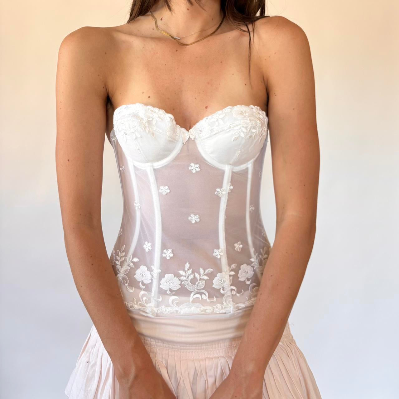 Y2K White Floral Mesh Bustier (32B)