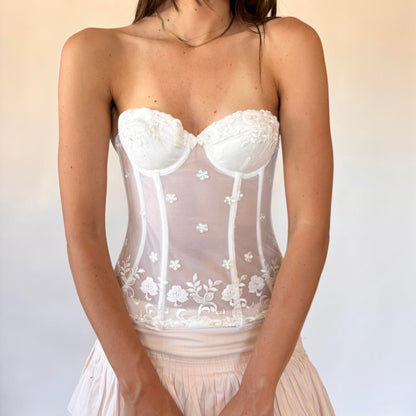Y2K White Floral Mesh Bustier (32B)
