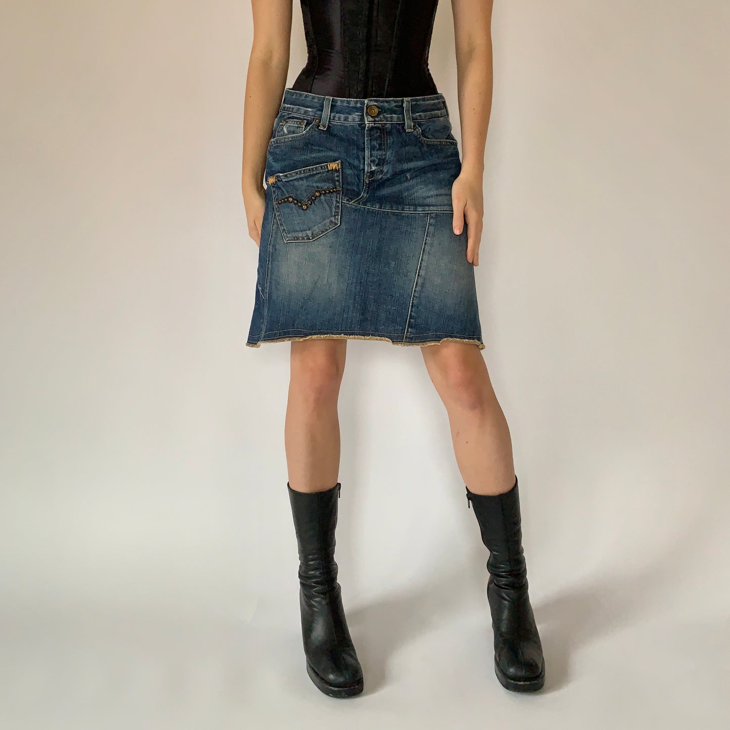 Y2K Patchwork Denim Skirt (M)
