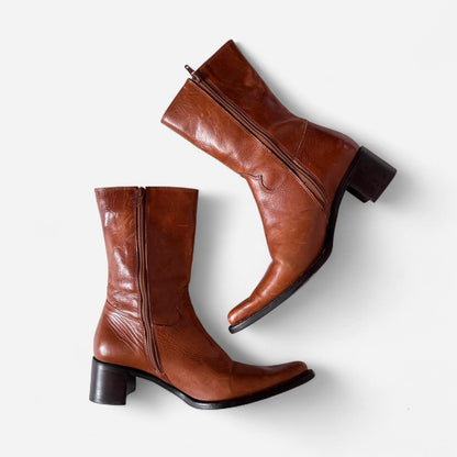 Y2K Cognac Leather Pointed Toe Boots (8)