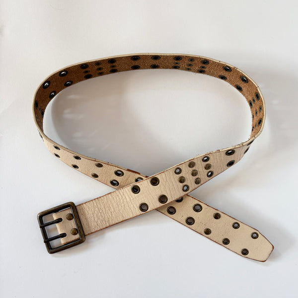 Cream Studded Leather Grommet Belt (XS-M)