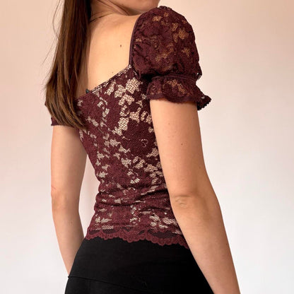 Y2K Burgundy Lace Off Shoulder Top (XS)