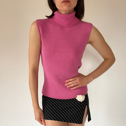 2000s Pink Silk Ribbed Sleeveless Turtleneck (S/M)