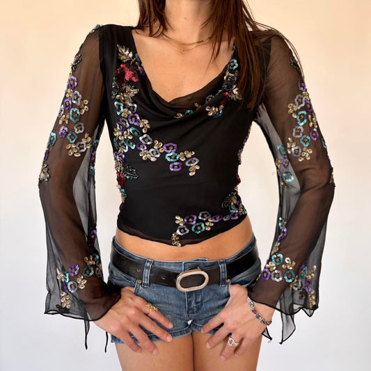 Y2K Pure Silk Sequin Top (S)