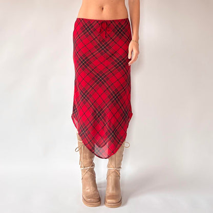 90s Plaid Pointed Hem Midi Skirt (S/M)