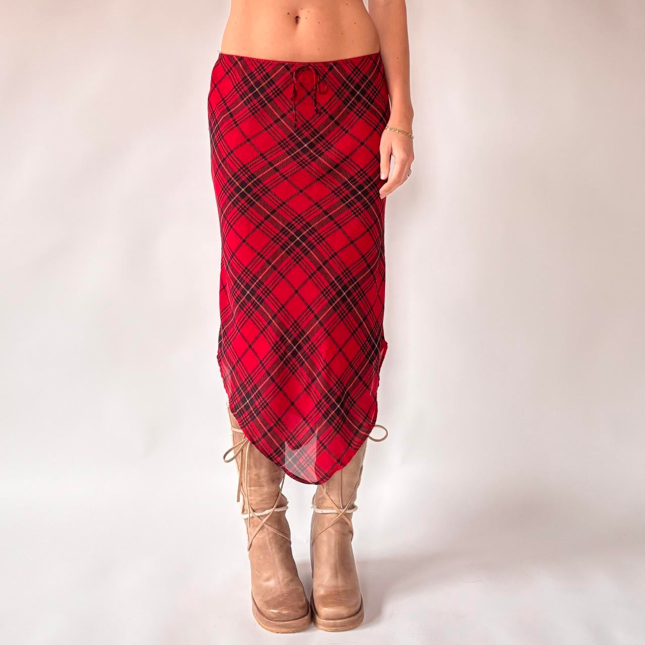 90s Plaid Pointed Hem Midi Skirt (S/M)