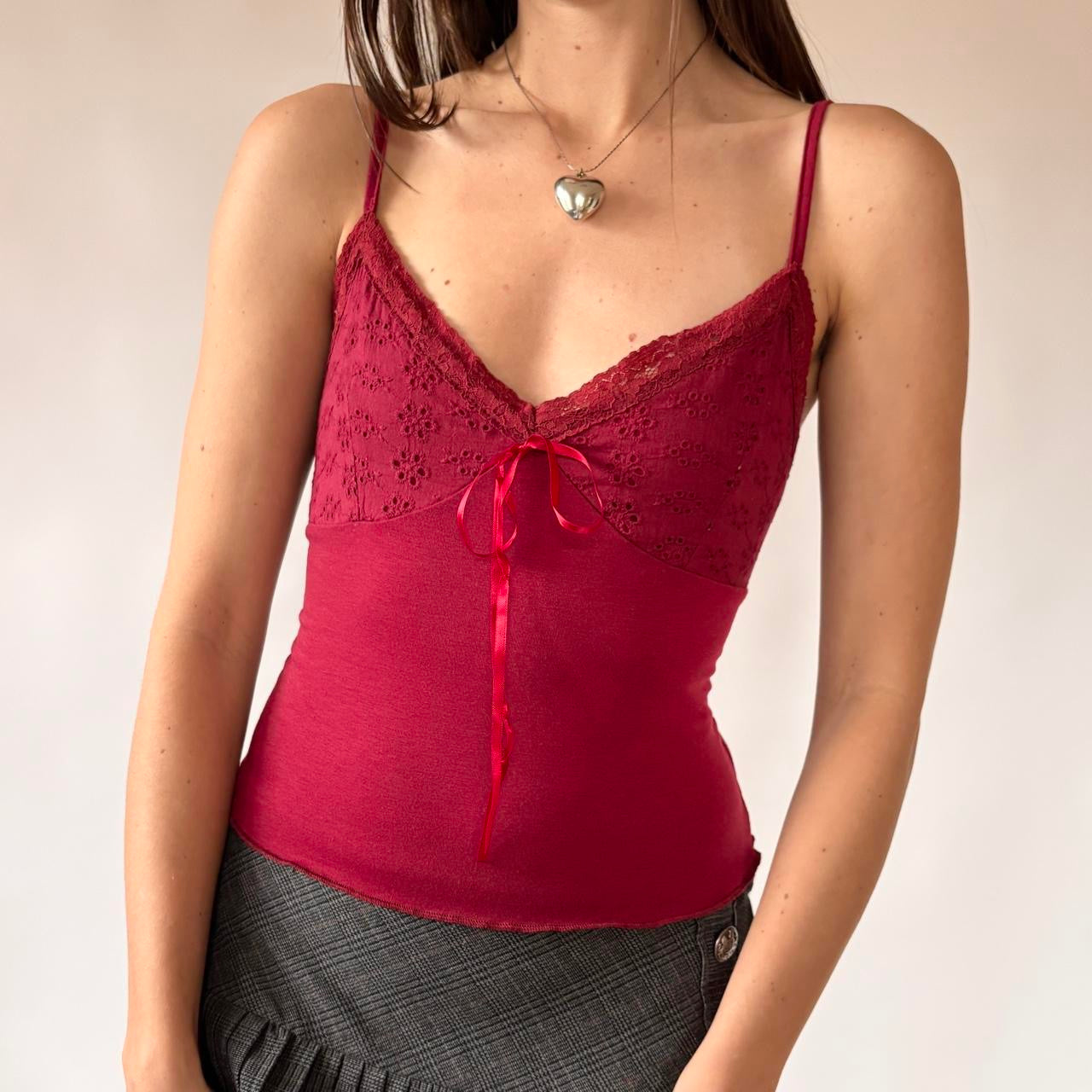 Burgundy Eyelet Ribbon Cami (S/M)