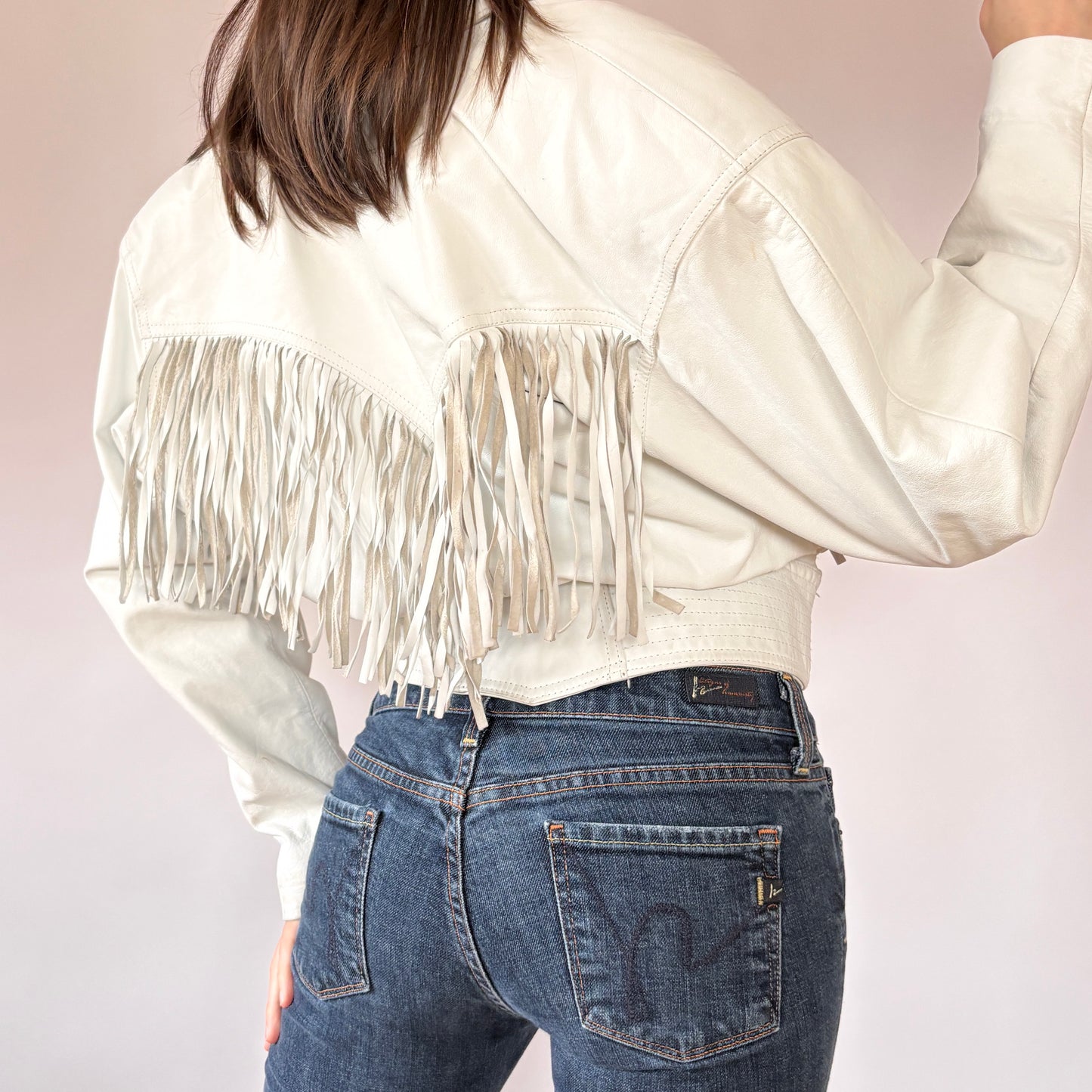 80s White Leather Fringe Jacket (M)