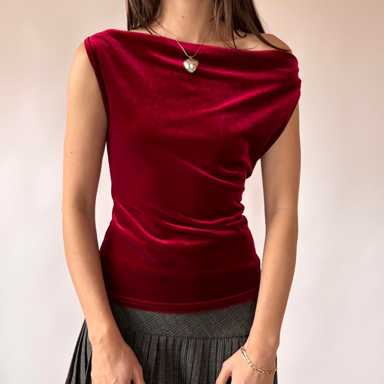 90s Red Velvet Cowl Neck Top (M)