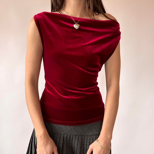90s Red Velvet Cowl Neck Top (M)