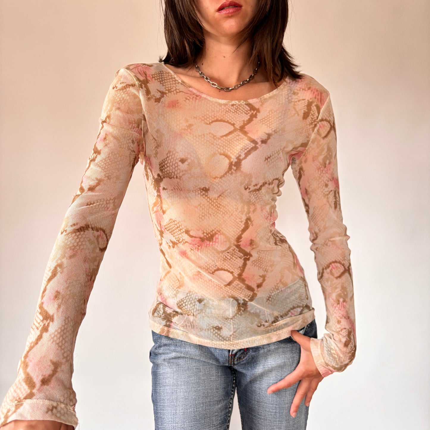 Y2K Mesh Snakeskin Longsleeve Top (M)