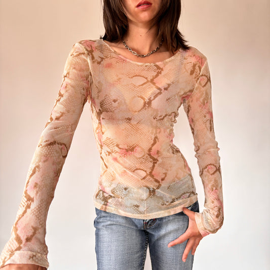 Y2K Mesh Snakeskin Longsleeve Top (M)