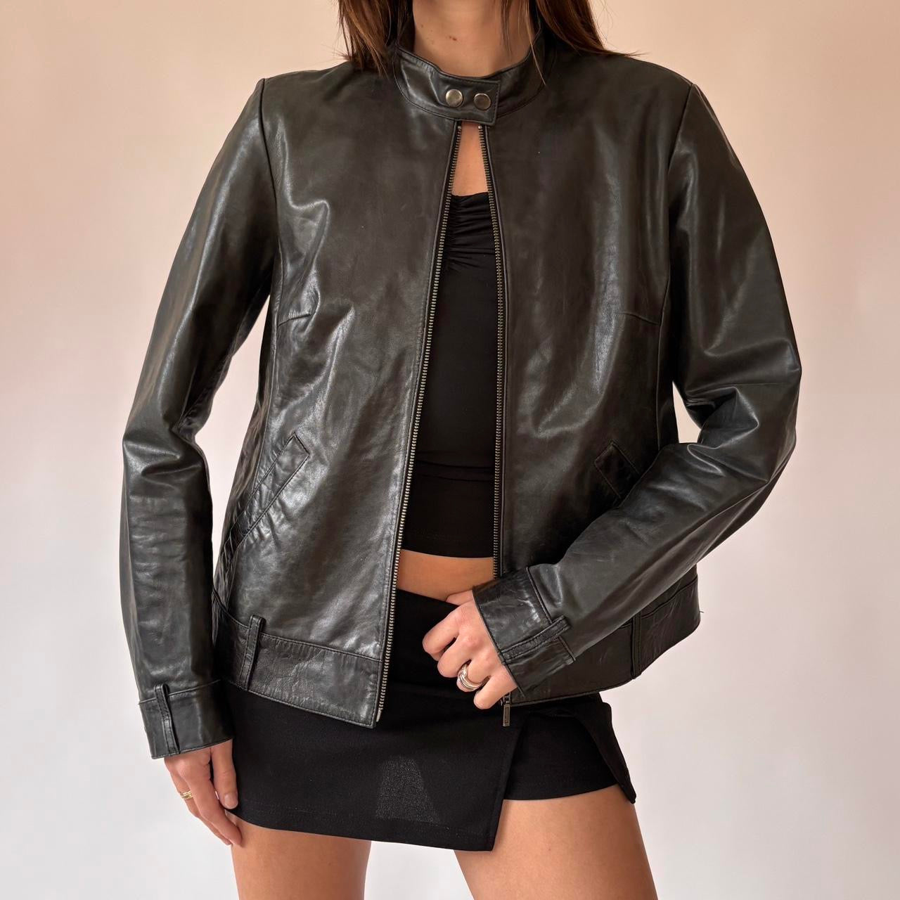 2000s Black Leather Moto Jacket (M)