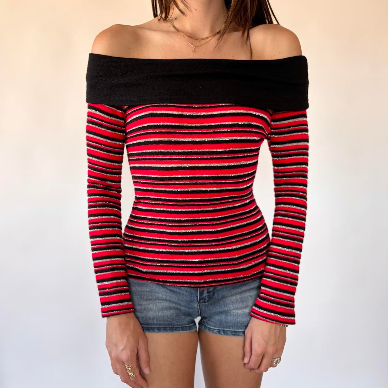 Red & Black Striped Off Shoulder Knit (XS/S)