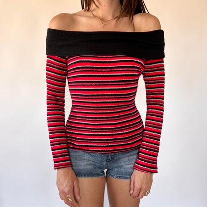 Red & Black Striped Off Shoulder Knit (XS/S)