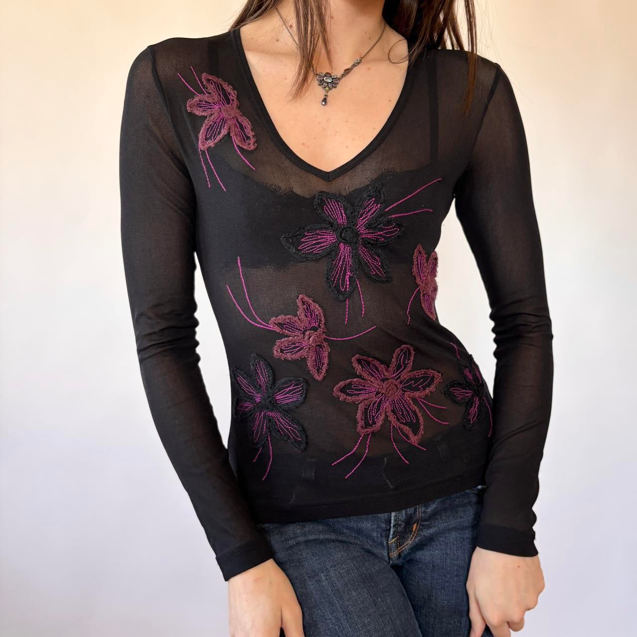 Vintage Floral Embroidered Mesh Longsleeve (XS/S)
