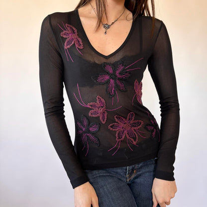 Vintage Floral Embroidered Mesh Longsleeve (XS/S)