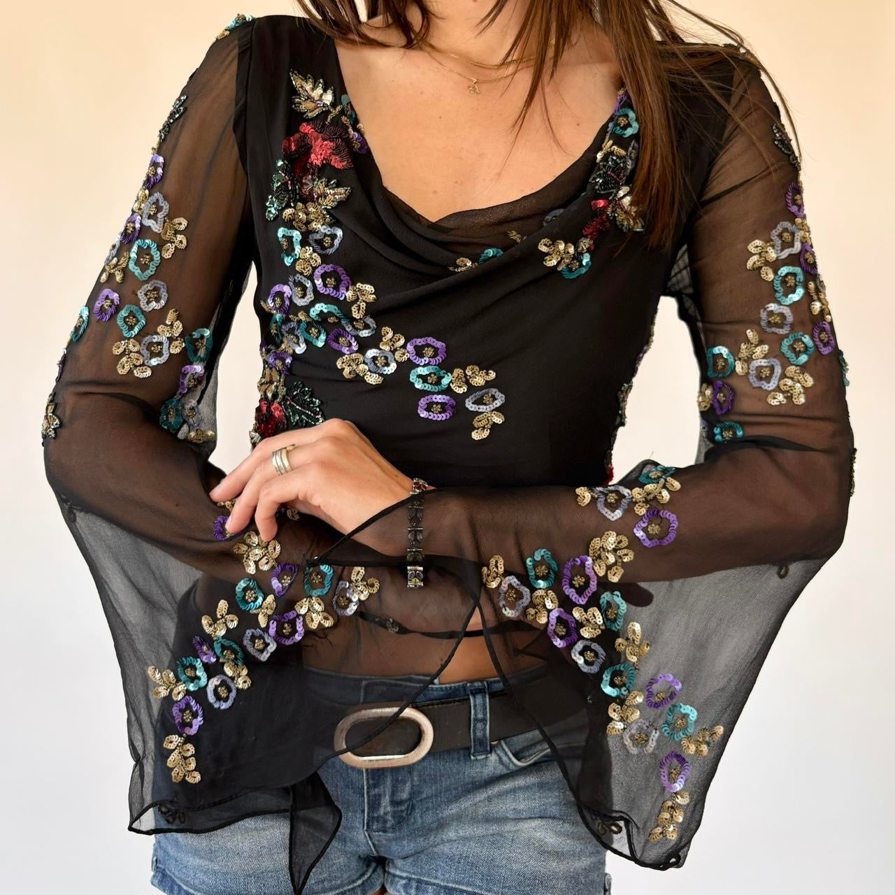 Y2K Pure Silk Sequin Top (S)