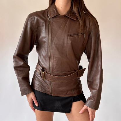 90s Brown Belted Leather Jacket (S/M)