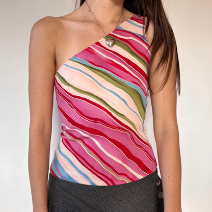 Y2K Stripy One-Shouldered Top (M)