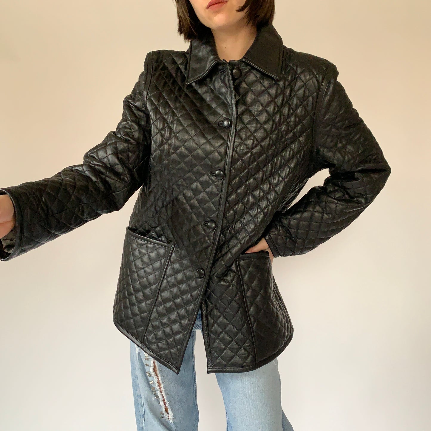 Vintage Quilted Leather Jacket (XL)