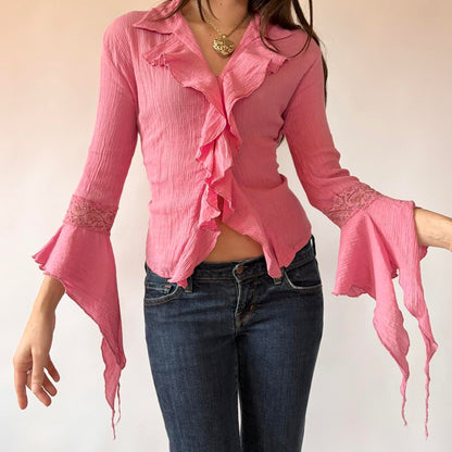 Y2K Pink Ruffly Button Up Top (M/L)