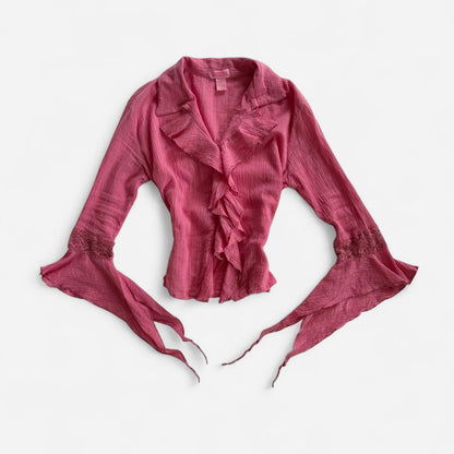 Y2K Pink Ruffly Button Up Top (M/L)