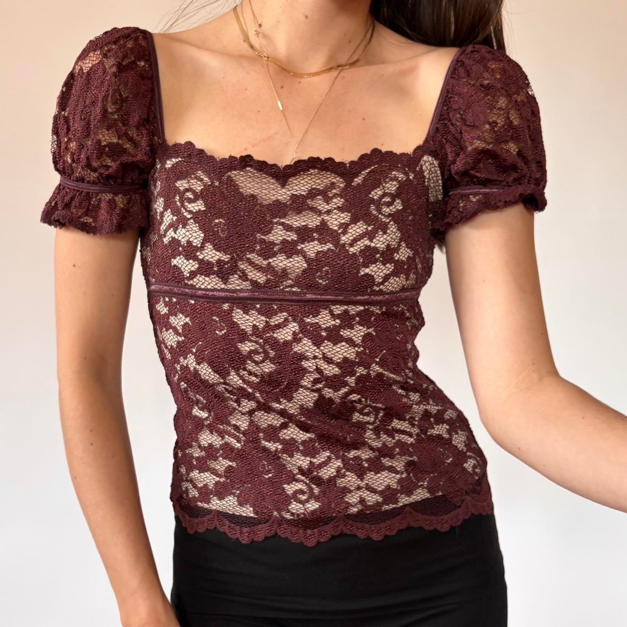 Y2K Burgundy Lace Off Shoulder Top (XS)