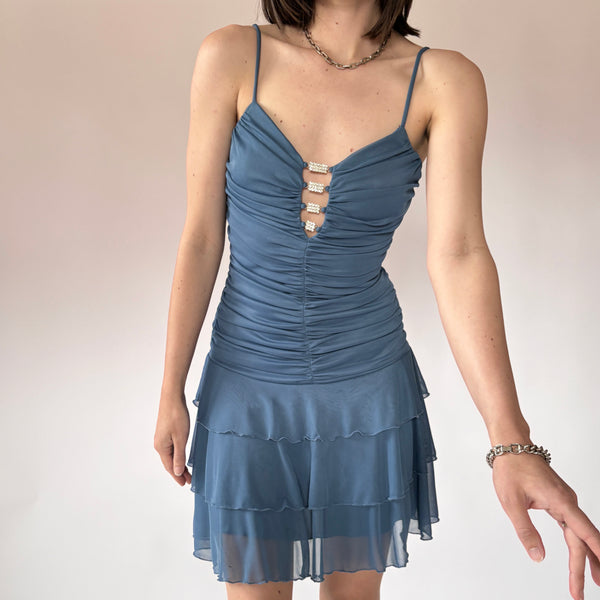 Y2K Dusty Blue Ruffle Dress (XS/S)