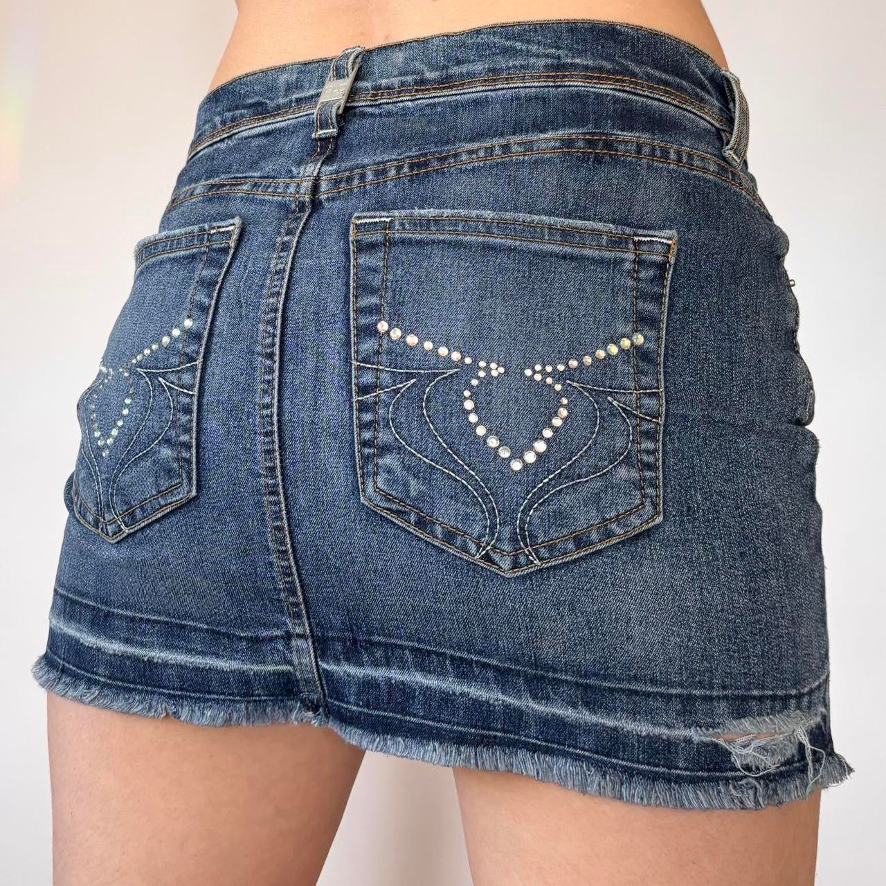 Y2K Rhinestone Pocket Denim Mini Skirt (XS)