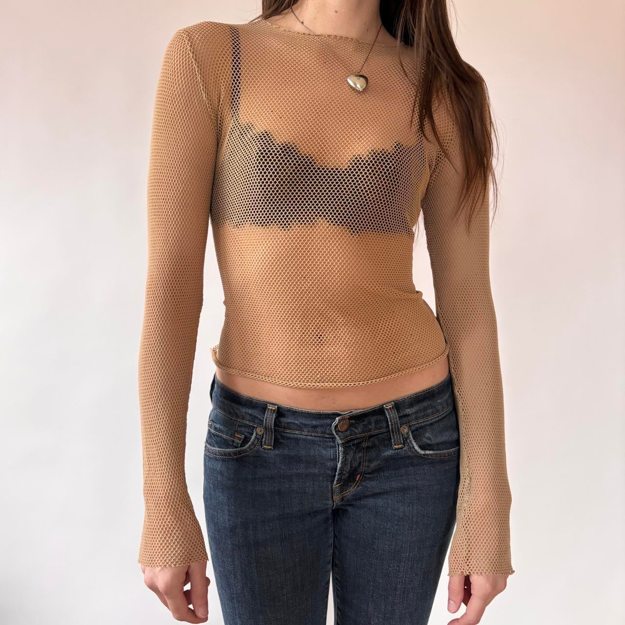 Y2K Nude Mesh Net Longsleeve Top (XS/S)