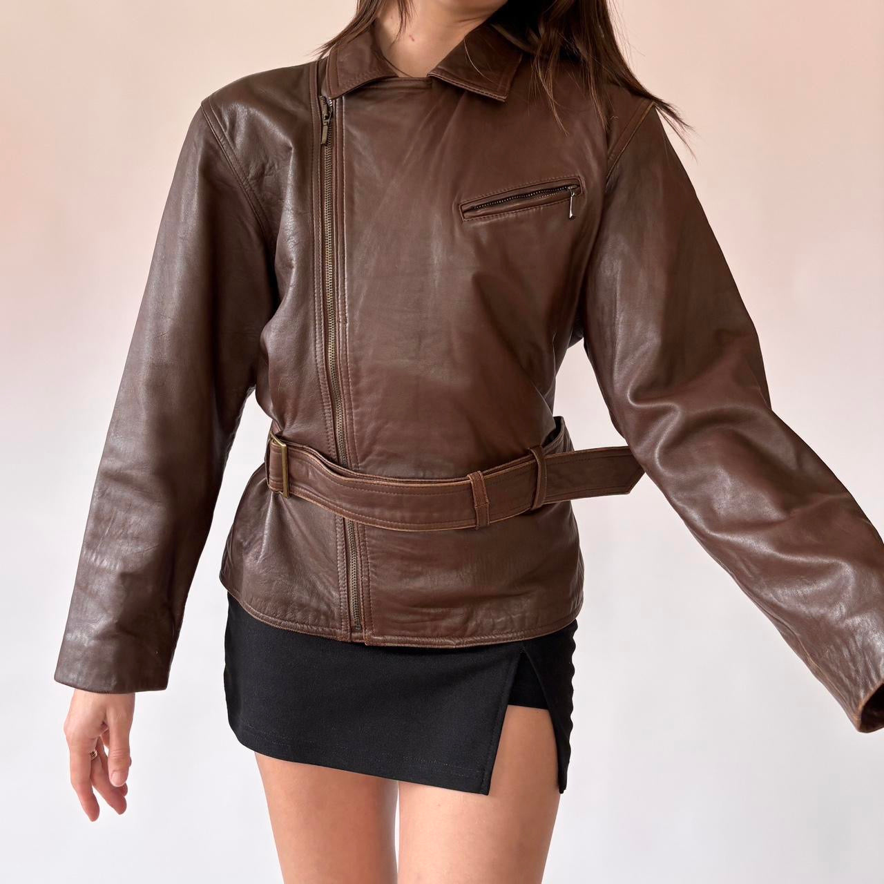 90s Brown Belted Leather Jacket (S/M)