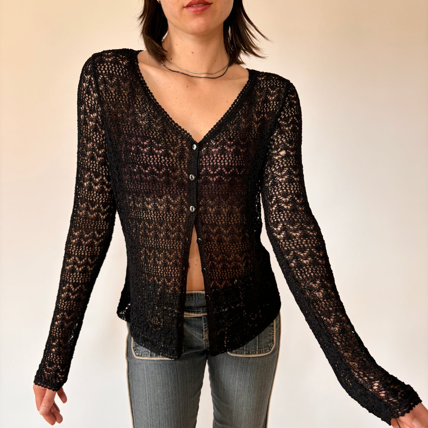 90s Noir Crochet Cardigan (M)