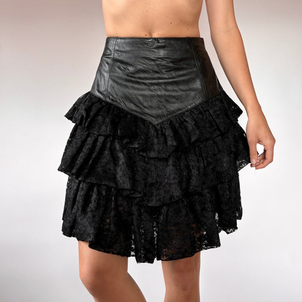 80s Leather & Lace Ruffle Skirt (XXS/XS)