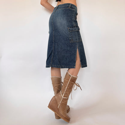 Y2K Denim Cargo Midi Skirt (XS)