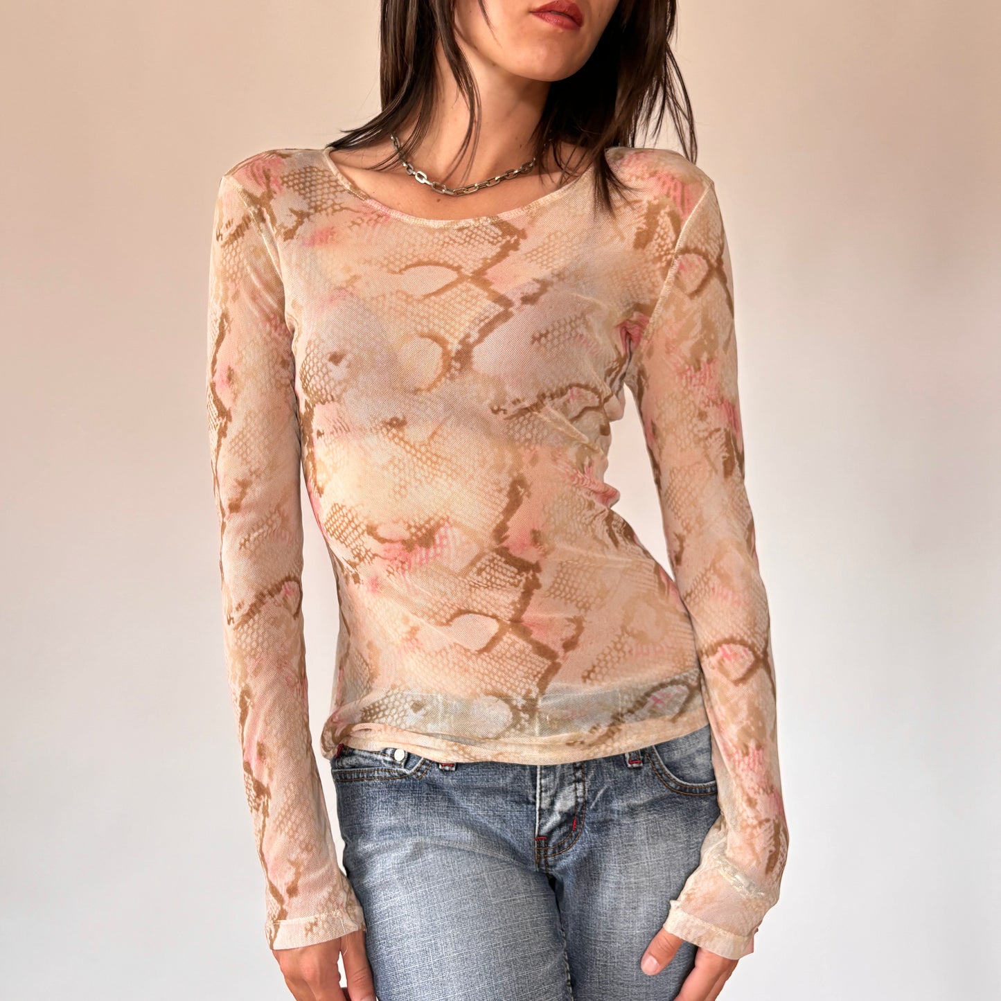 Y2K Mesh Snakeskin Longsleeve Top (M)