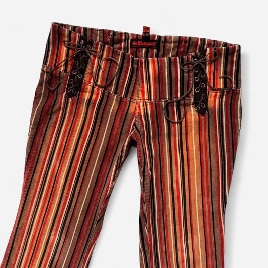 Y2K Stripy Corduroy Lace Up Flares (M/L)