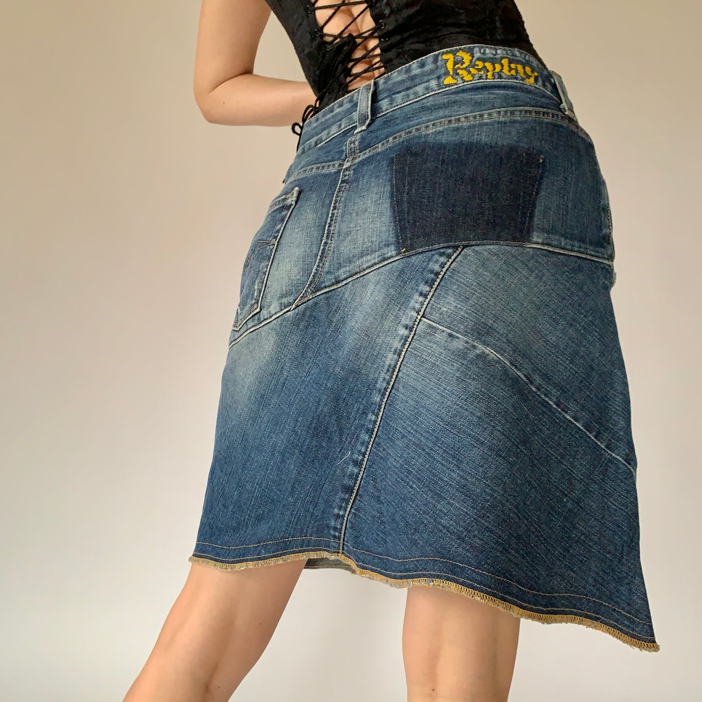 Y2K Patchwork Denim Skirt (M)