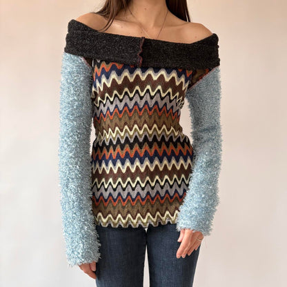 Funky Textured Knit Off Shoulder Sweater (S)