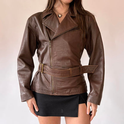 90s Brown Belted Leather Jacket (S/M)