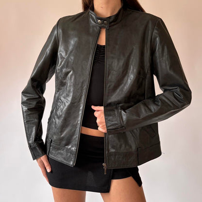 2000s Black Leather Moto Jacket (M)