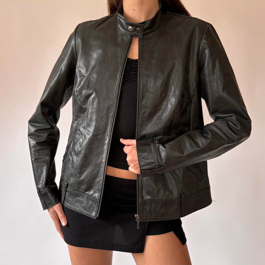 2000s Black Leather Moto Jacket (M)