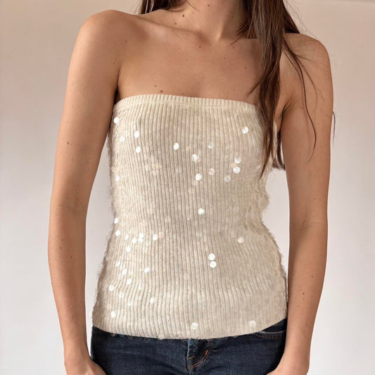 Y2K Cream Sequin Tube Top (L)