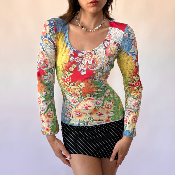 Y2K Rainbow Floral Top (S)