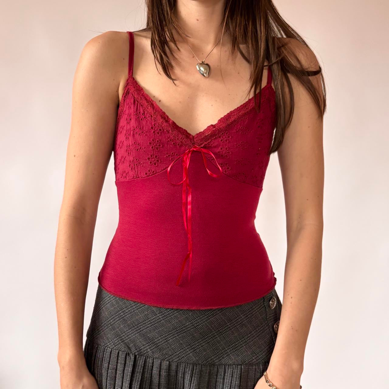 Burgundy Eyelet Ribbon Cami (S/M)
