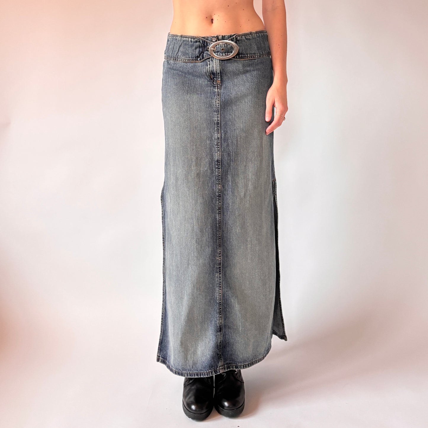 Y2K Belted Denim Maxi Skirt (XS)