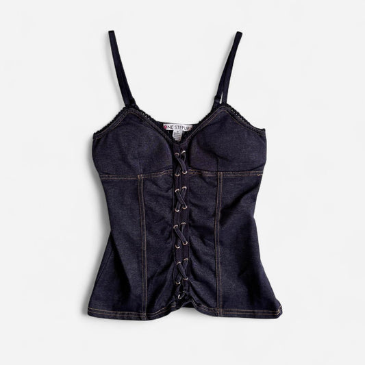 Y2K Denim Look Lace Up Top (XS/S)