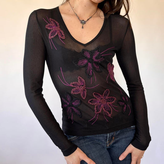 Vintage Floral Embroidered Mesh Longsleeve (XS/S)