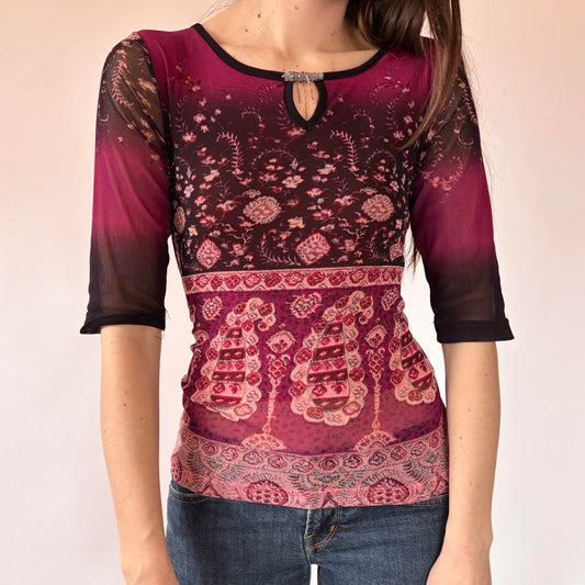 Y2K Beaded Neckline Mesh Top (M/L)